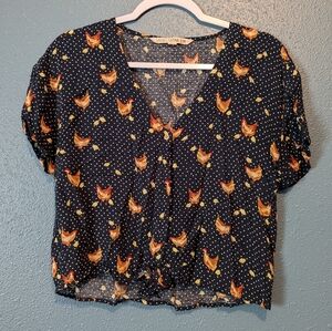 Vanilla Star blue, white polka dot crop with tie bottom, buttons